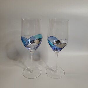 2 Hand-Painted Blown Glass Stemmed  Wine Glasses - Barcelona Style